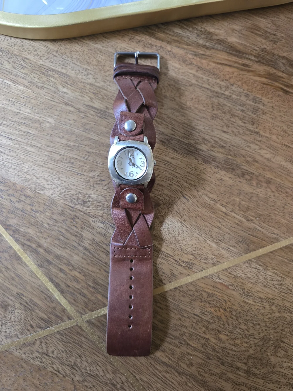 Fossil Brown Leather Cuff Watch with Silver Case and White Dial